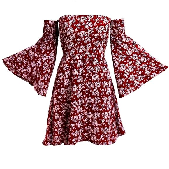 ONEYIM Burgundy Floral Print Long Sleeve Off The Shoulder Summer Dress - Picture 1 of 7